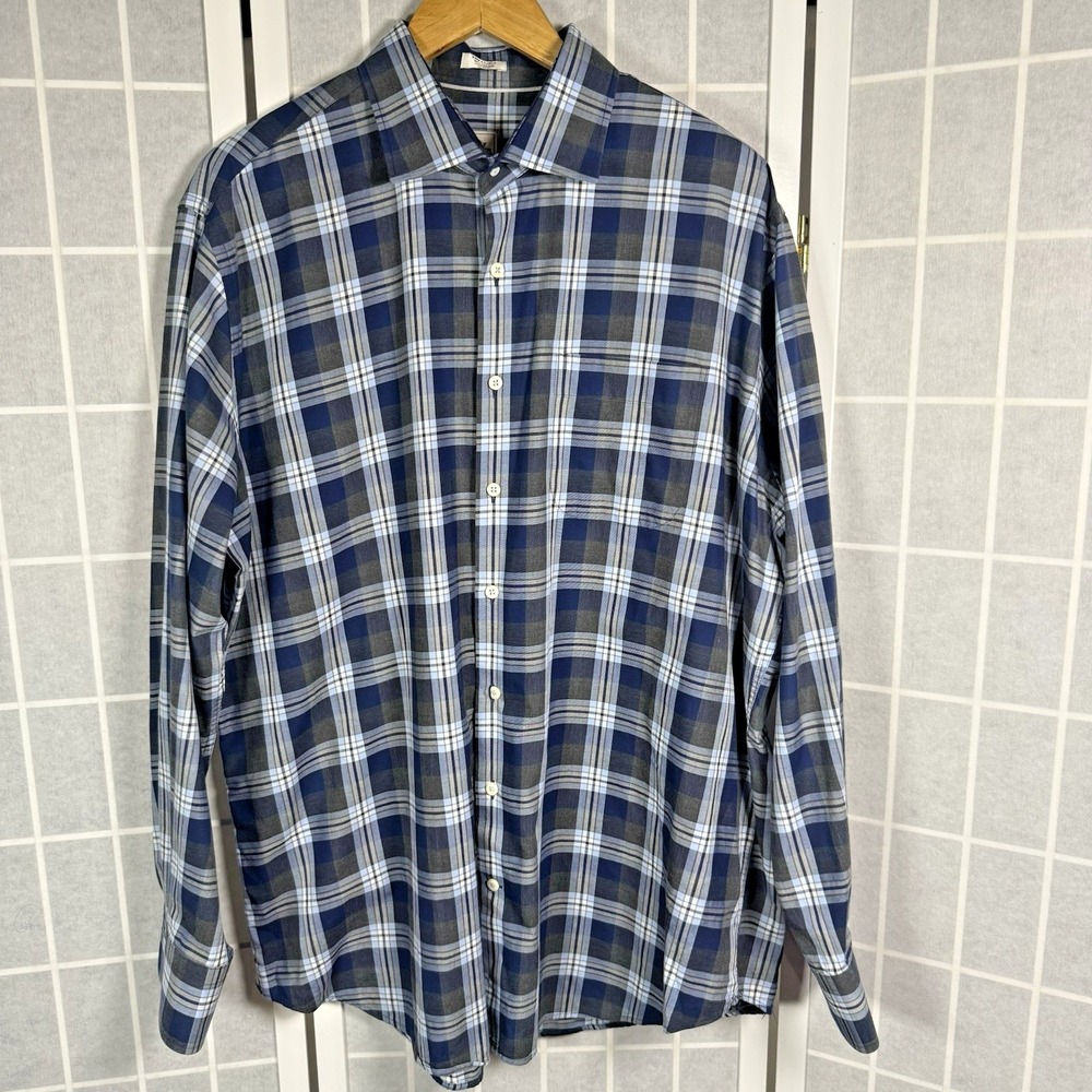 Peter Millar Shirt Mens XL Blue Plaid Button Down Cotton Pocket Casual Basic